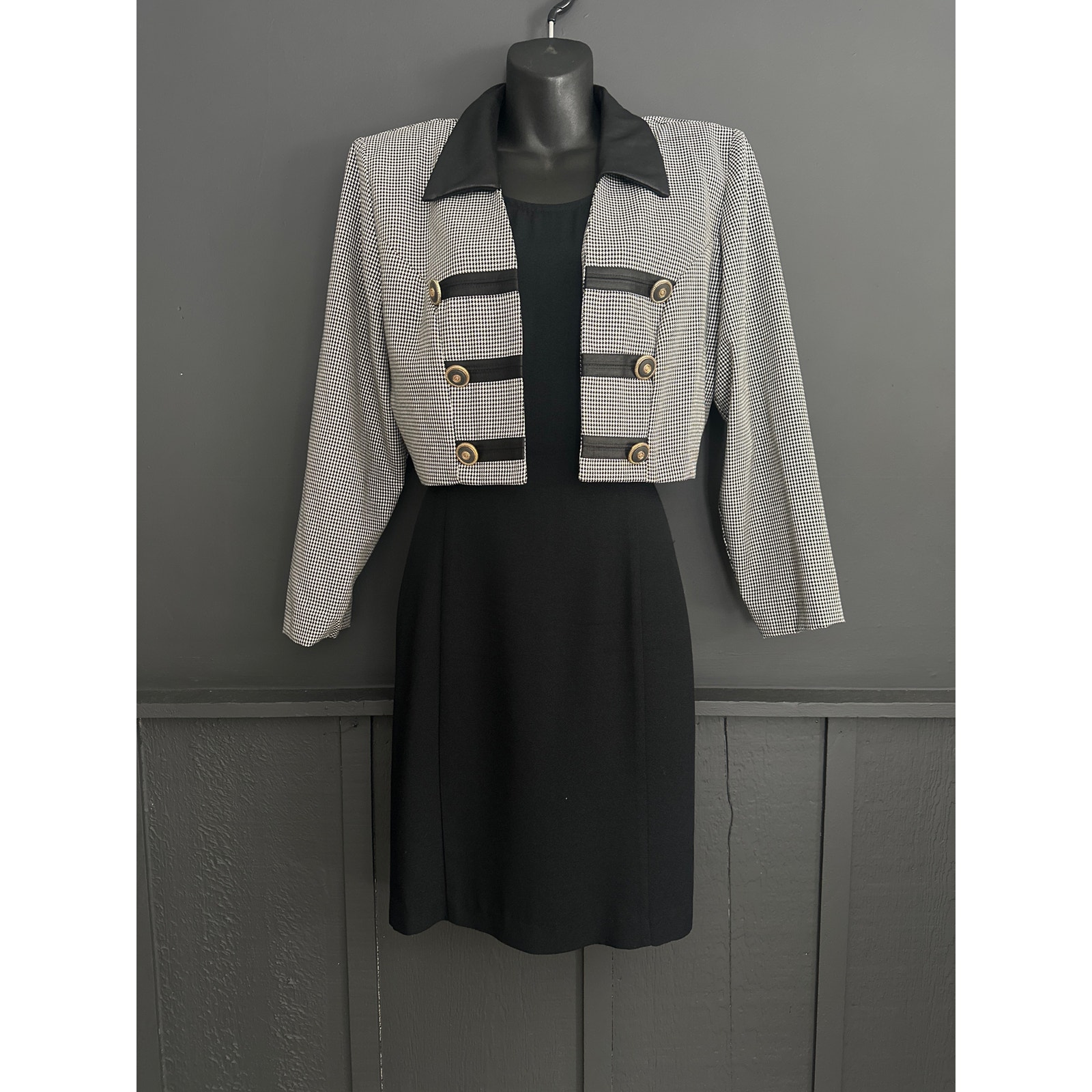 Vintage Dawn Joy Houndstooth Cropped Blazer Black Dress Suit 2 Piece Size 11/12